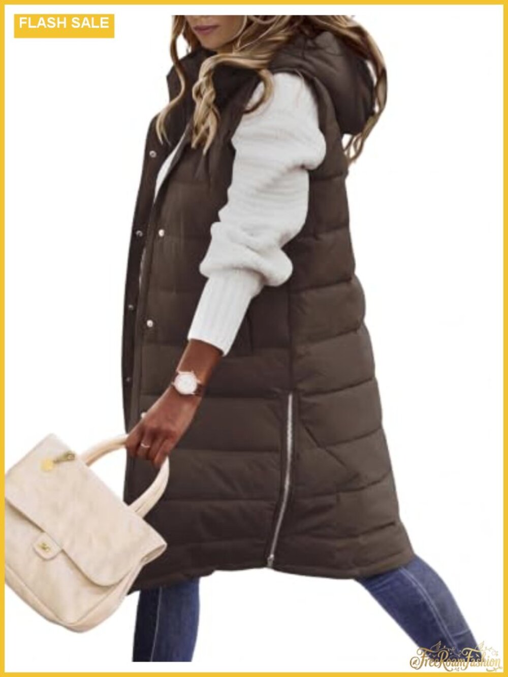 Women Quilted Long Puffer Vest Zip Up Sleeveless Winter Coat Hooded